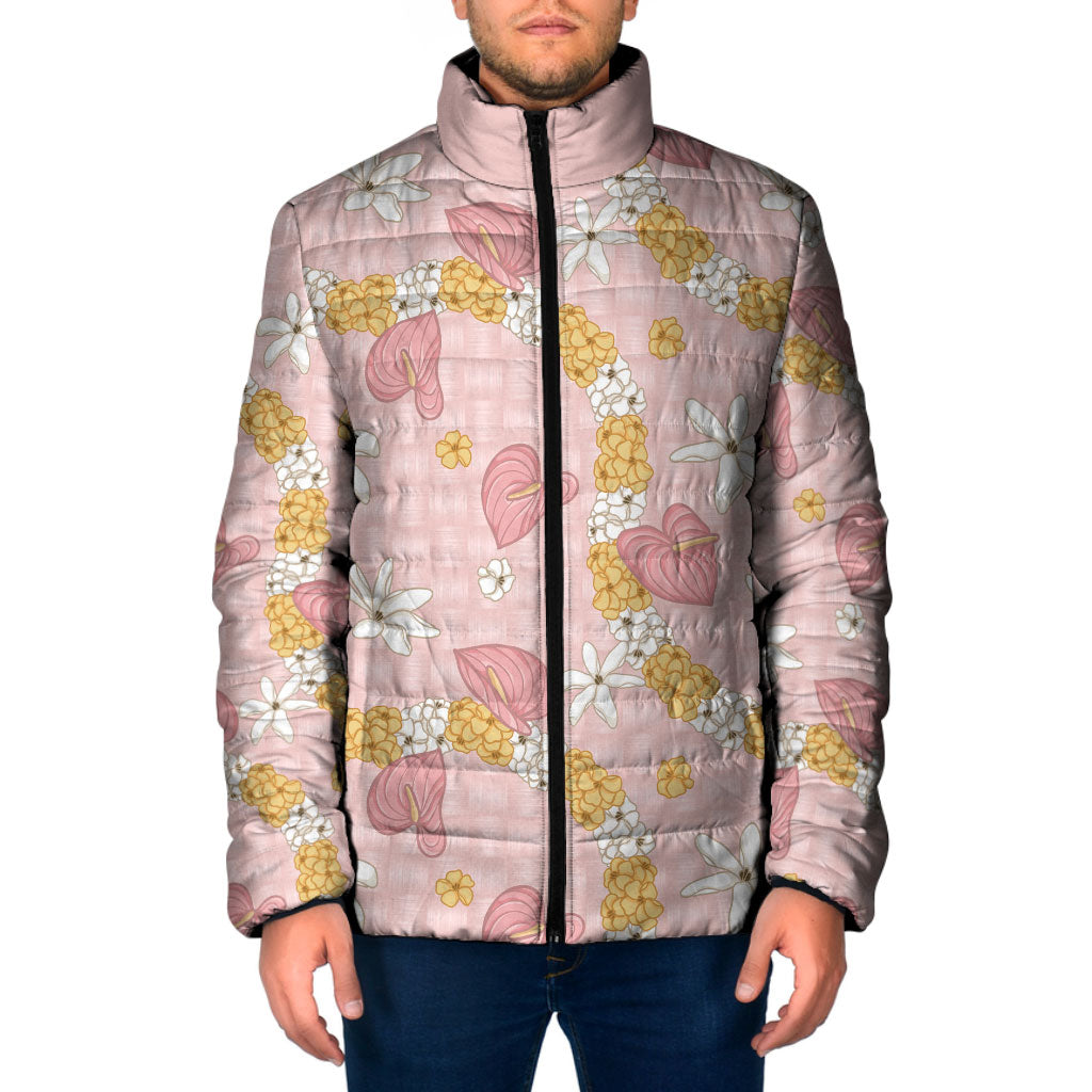 Hawaii Anthurium Tiare Pikake Lei Padded Jacket Akala Lauhala Art Pattern