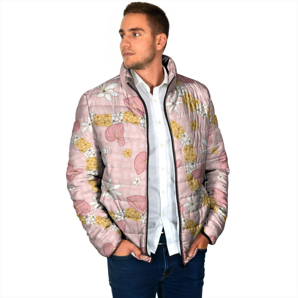 Hawaii Anthurium Tiare Pikake Lei Padded Jacket Akala Lauhala Art Pattern