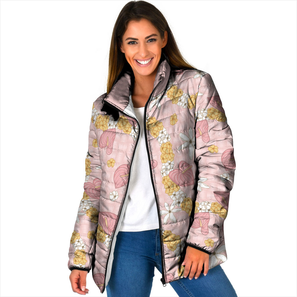 Hawaii Anthurium Tiare Pikake Lei Padded Jacket Akala Lauhala Art Pattern