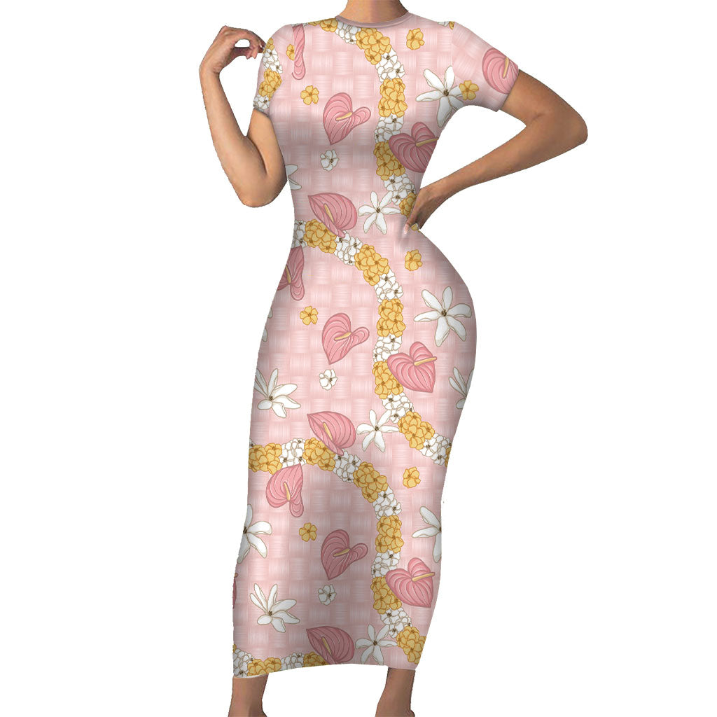 Hawaii Anthurium Tiare Pikake Lei Short Sleeve Bodycon Dress Akala Lauhala Art Pattern
