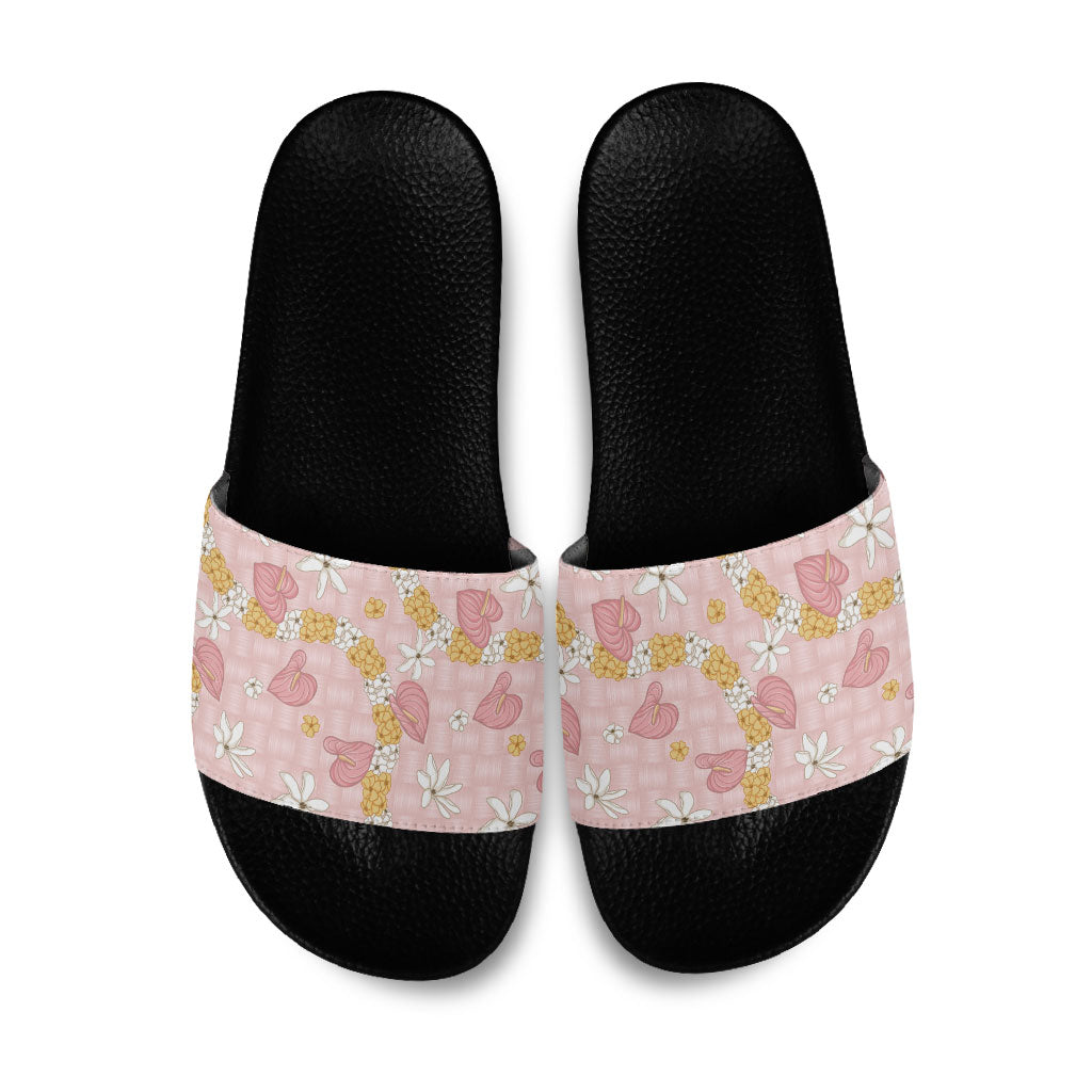 Hawaii Anthurium Tiare Pikake Lei Slide Sandals Akala Lauhala Art Pattern