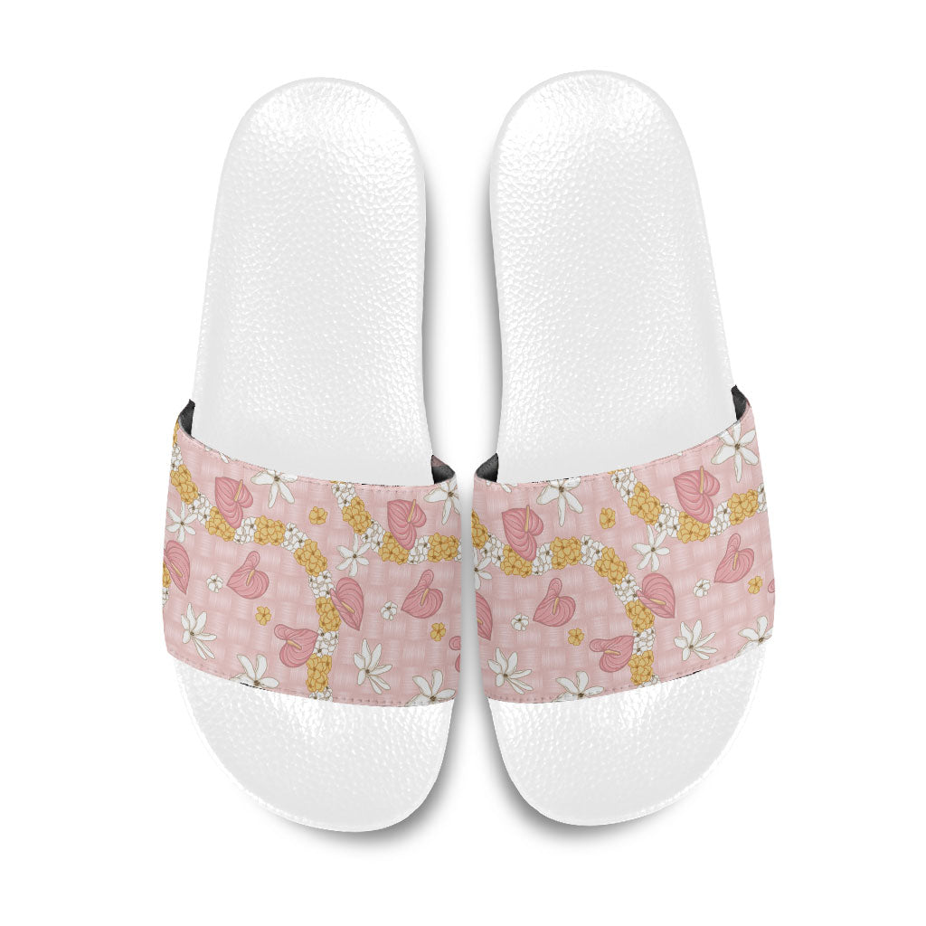 Hawaii Anthurium Tiare Pikake Lei Slide Sandals Akala Lauhala Art Pattern