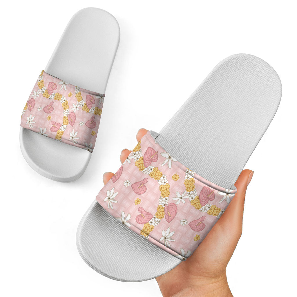 Hawaii Anthurium Tiare Pikake Lei Slide Sandals Akala Lauhala Art Pattern