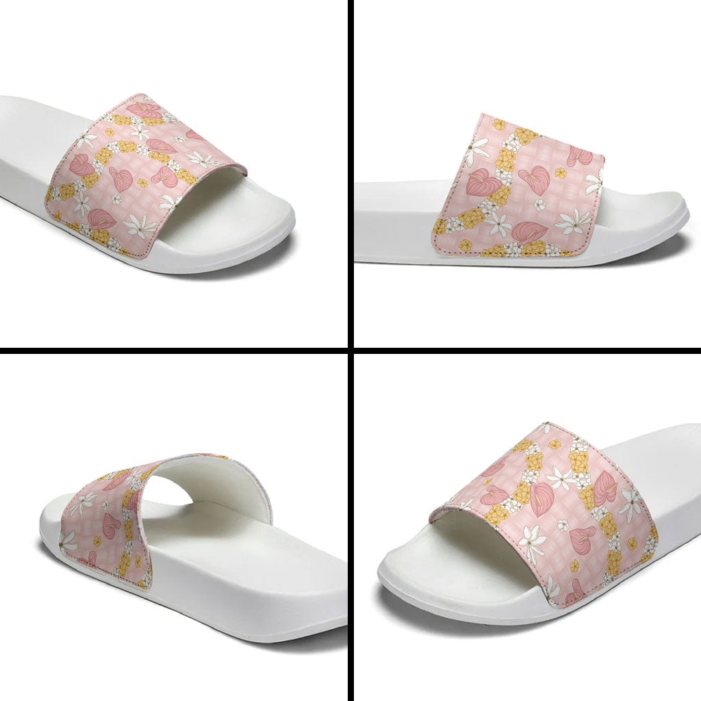 Hawaii Anthurium Tiare Pikake Lei Slide Sandals Akala Lauhala Art Pattern