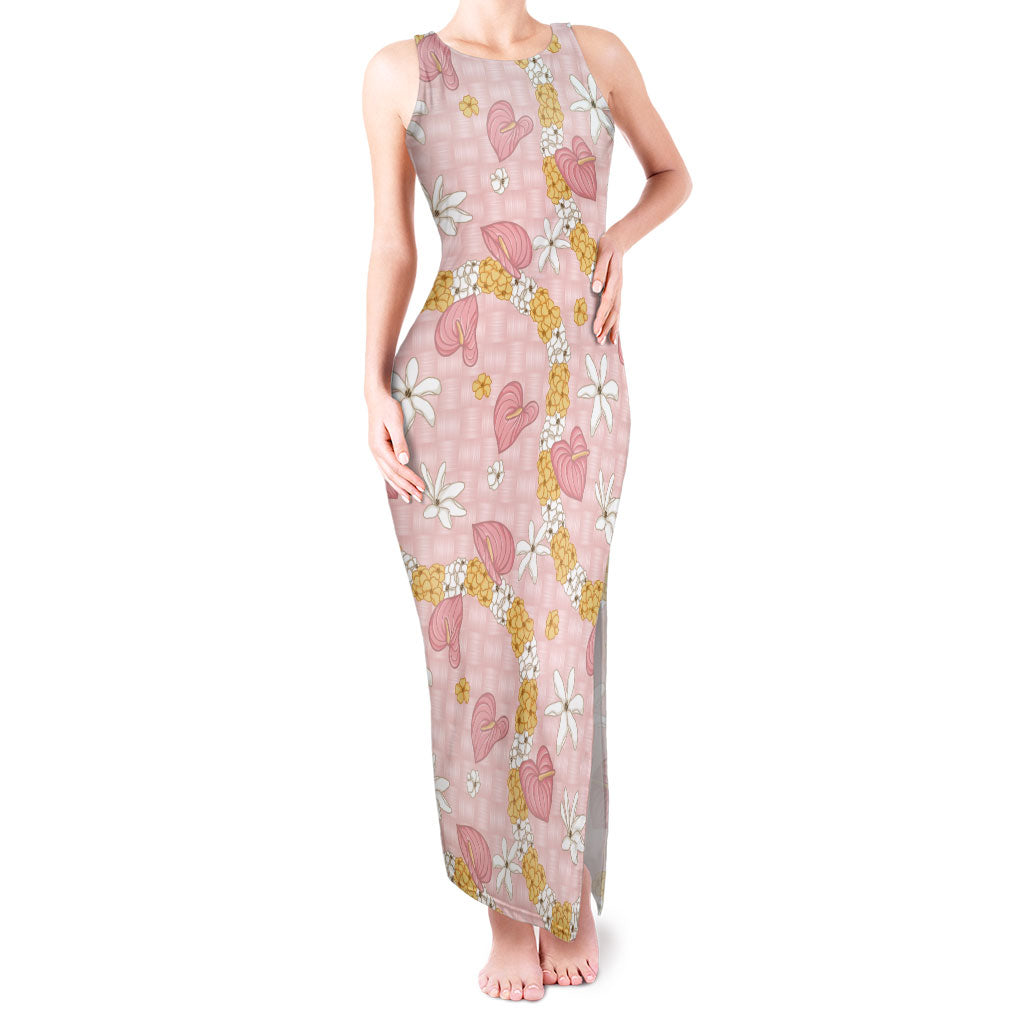 Hawaii Anthurium Tiare Pikake Lei Tank Maxi Dress Akala Lauhala Art Pattern