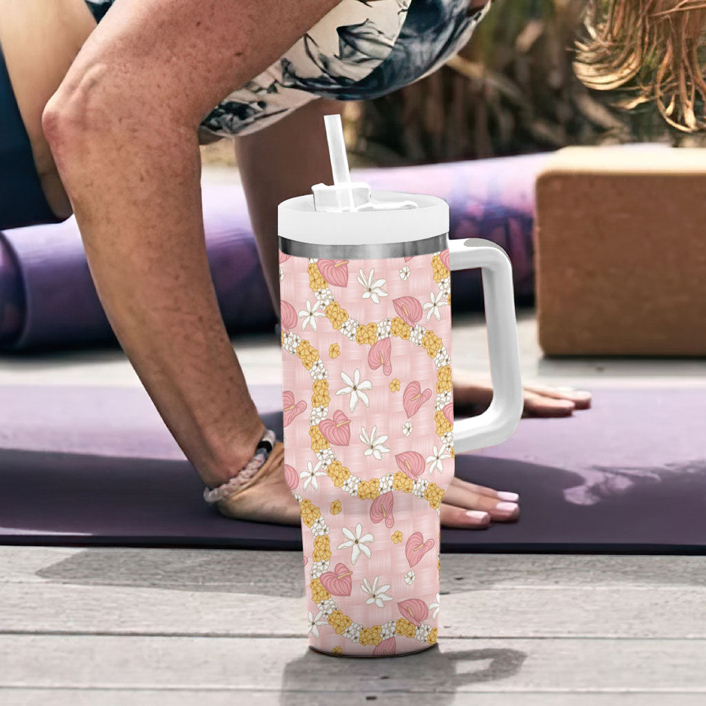 Hawaii Anthurium Tiare Pikake Lei Tumbler With Handle Akala Lauhala Art Pattern LT01 - Polynesian Pride