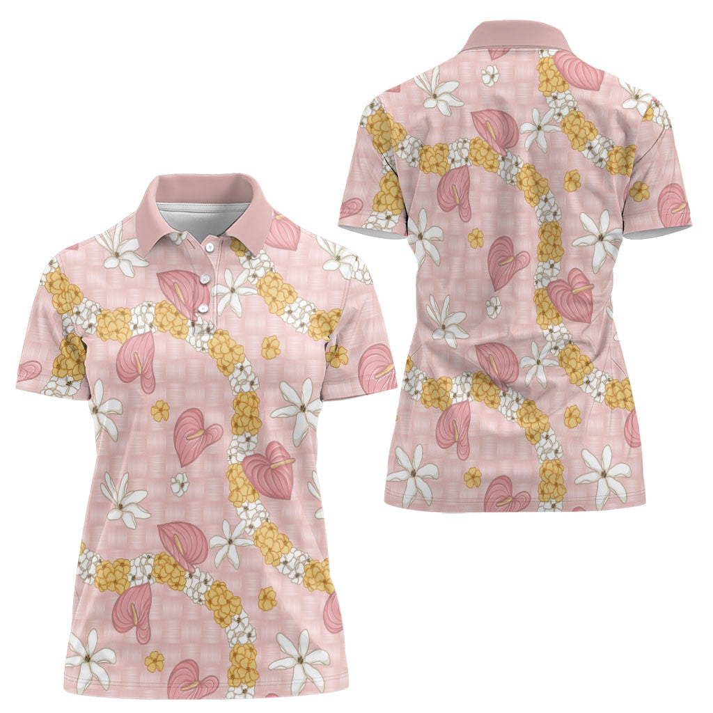 Hawaii Anthurium Tiare Pikake Lei Women Polo Shirt Akala Lauhala Art Pattern LT01 - Polynesian Pride