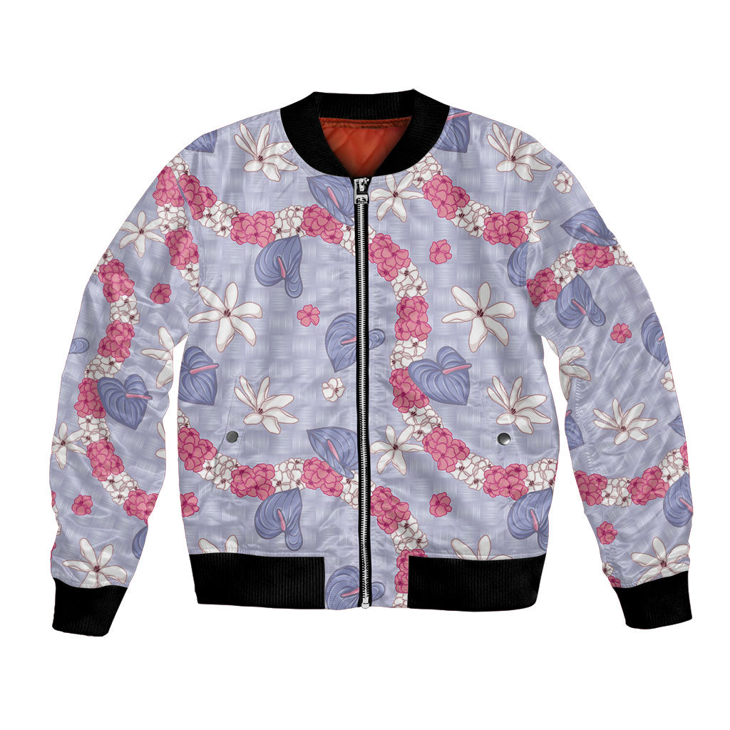 Hawaii Anthurium Tiare Pikake Lei Bomber Jacket Poni Lauhala Art Pattern