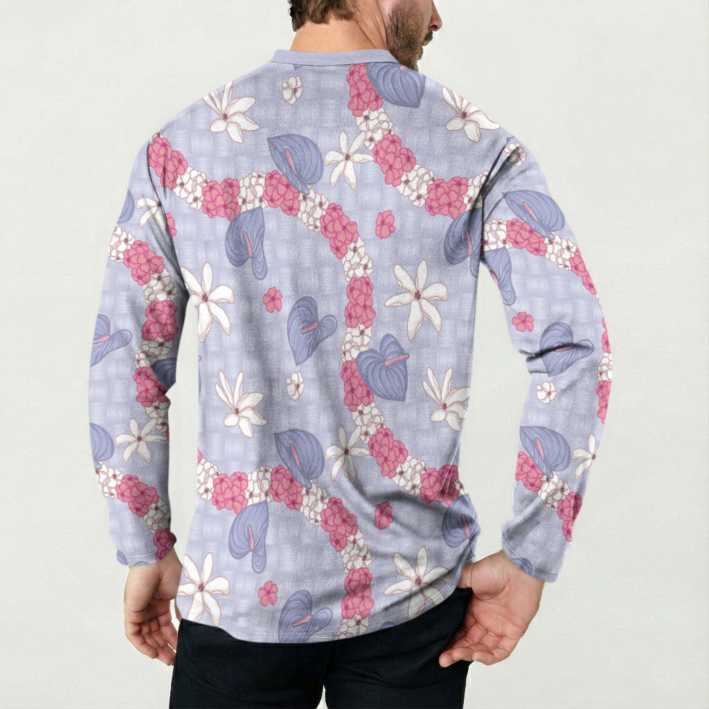 Hawaii Anthurium Tiare Pikake Lei Button Sweatshirt Poni Lauhala Art Pattern
