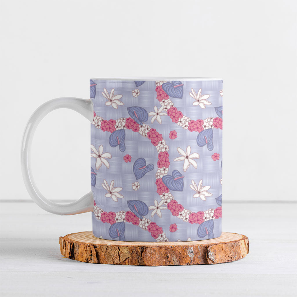 Hawaii Anthurium Tiare Pikake Lei Ceramic Mug Poni Lauhala Art Pattern