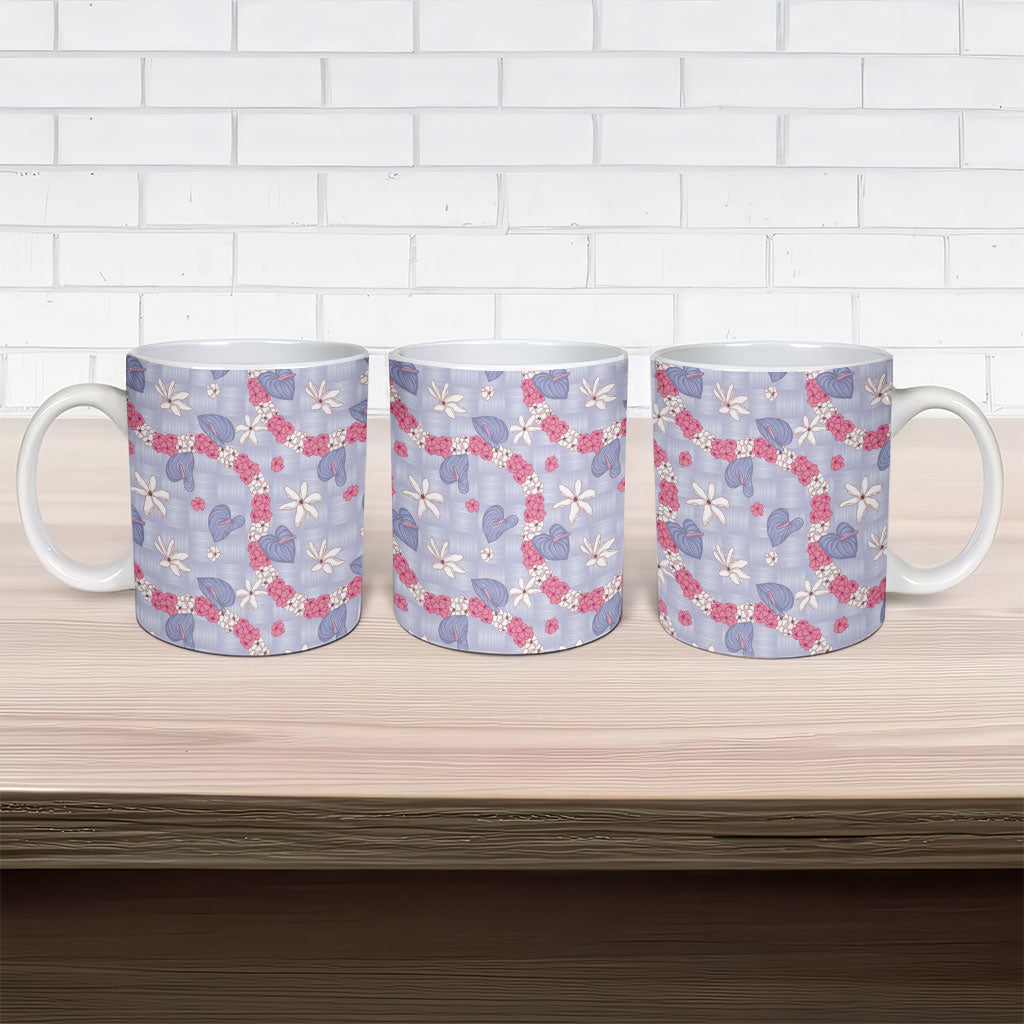 Hawaii Anthurium Tiare Pikake Lei Ceramic Mug Poni Lauhala Art Pattern