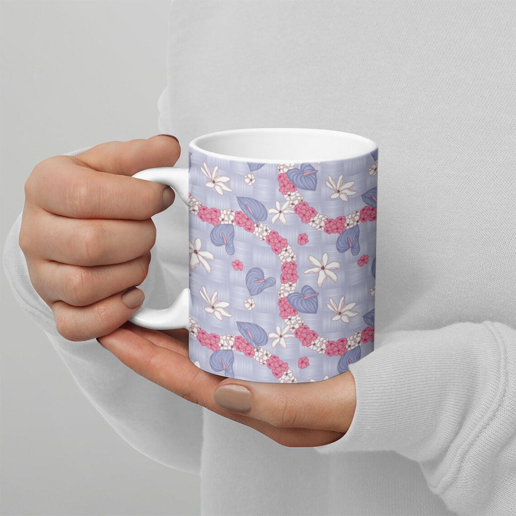 Hawaii Anthurium Tiare Pikake Lei Ceramic Mug Poni Lauhala Art Pattern