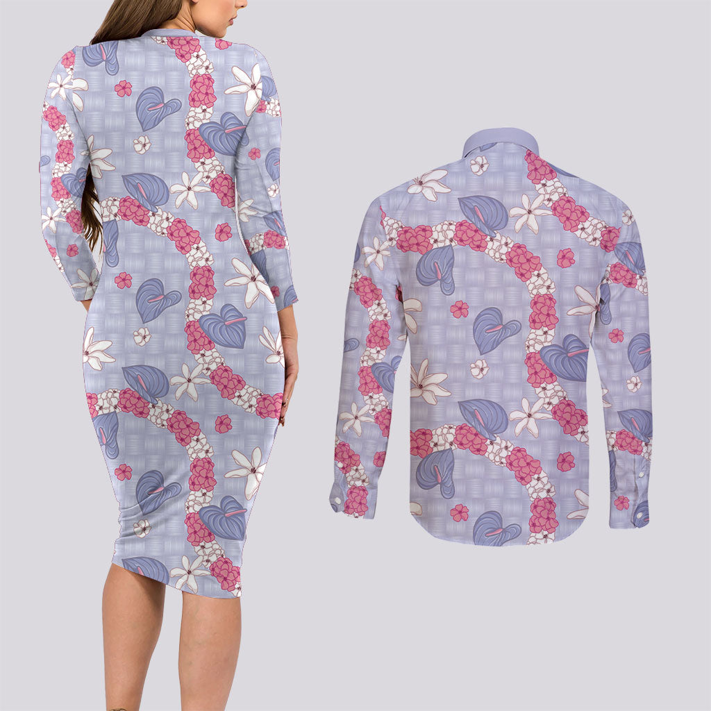 Hawaii Anthurium Tiare Pikake Lei Couples Matching Long Sleeve Bodycon Dress and Long Sleeve Button Shirt Poni Lauhala Art Pattern LT01 - Polynesian Pride