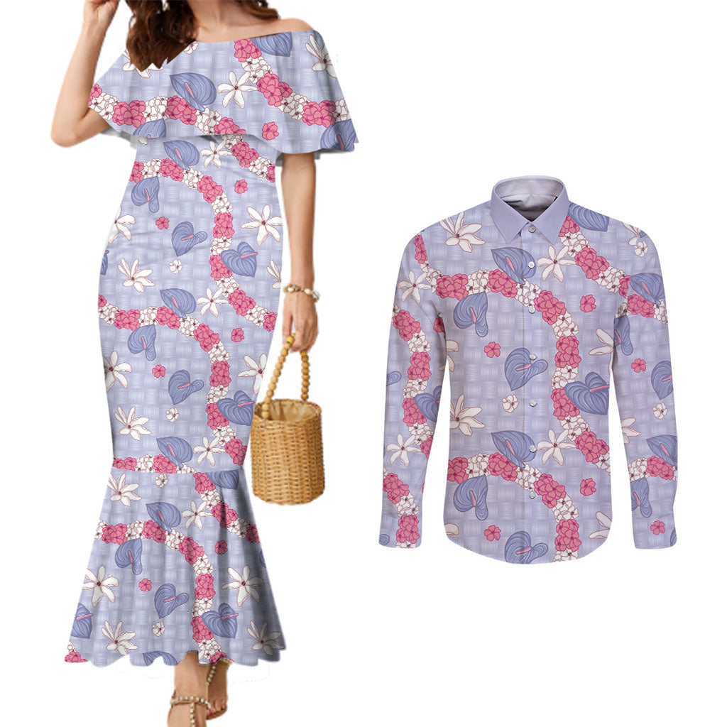 Hawaii Anthurium Tiare Pikake Lei Couples Matching Mermaid Dress and Long Sleeve Button Shirt Poni Lauhala Art Pattern LT01 Purple - Polynesian Pride