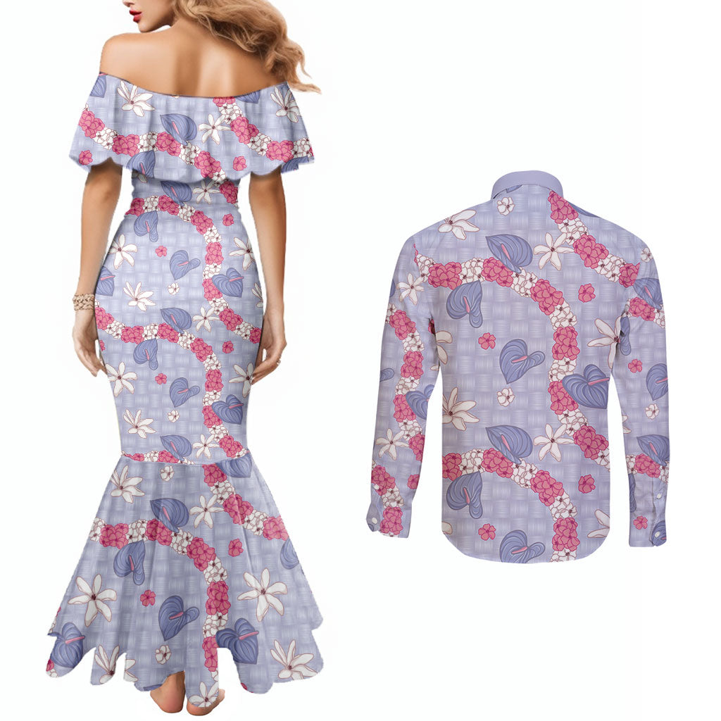 Hawaii Anthurium Tiare Pikake Lei Couples Matching Mermaid Dress and Long Sleeve Button Shirt Poni Lauhala Art Pattern LT01 - Polynesian Pride