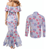 Hawaii Anthurium Tiare Pikake Lei Couples Matching Mermaid Dress and Long Sleeve Button Shirt Poni Lauhala Art Pattern LT01 - Polynesian Pride