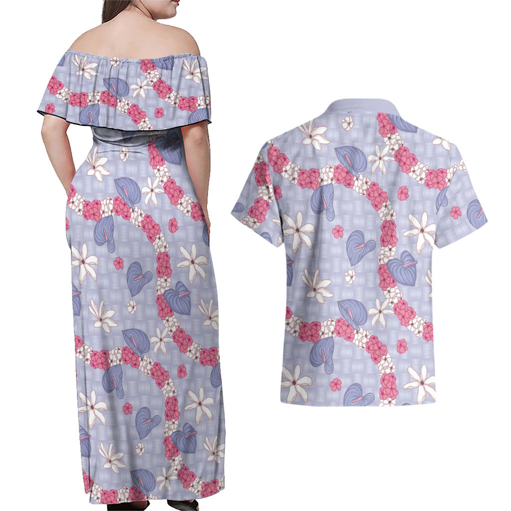 Hawaii Anthurium Tiare Pikake Lei Couples Matching Off Shoulder Maxi Dress and Hawaiian Shirt Poni Lauhala Art Pattern LT01 - Polynesian Pride