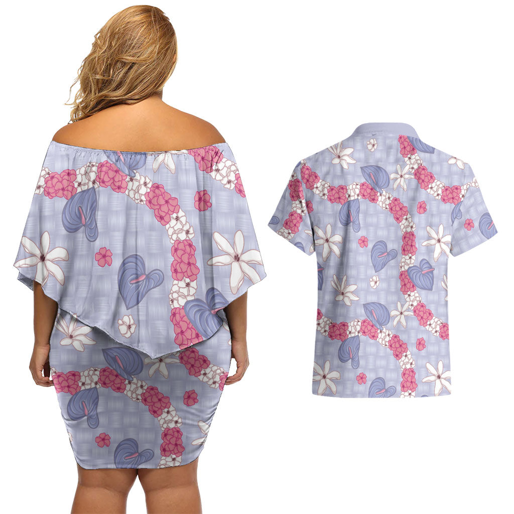 Hawaii Anthurium Tiare Pikake Lei Couples Matching Off Shoulder Short Dress and Hawaiian Shirt Poni Lauhala Art Pattern LT01 - Polynesian Pride