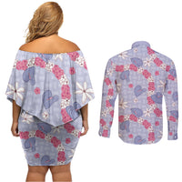 Hawaii Anthurium Tiare Pikake Lei Couples Matching Off Shoulder Short Dress and Long Sleeve Button Shirt Poni Lauhala Art Pattern