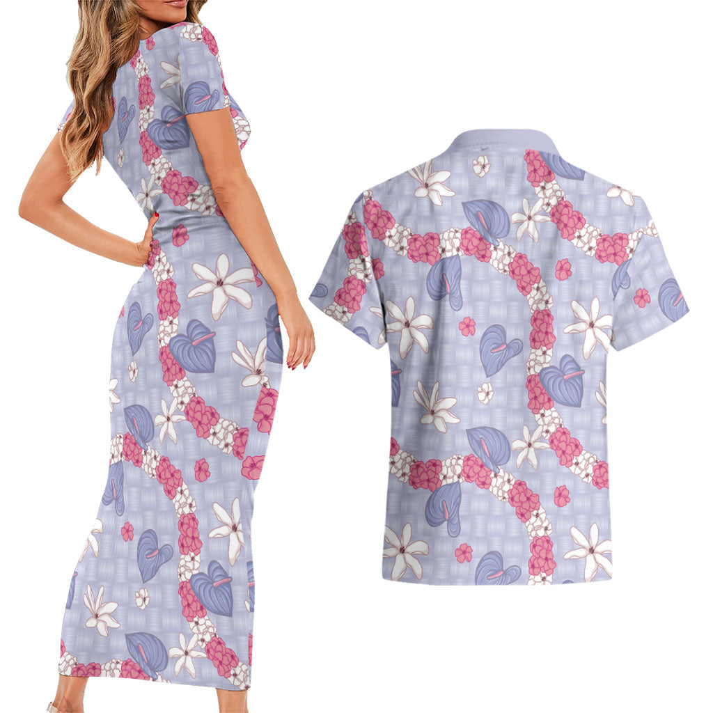 Hawaii Anthurium Tiare Pikake Lei Couples Matching Short Sleeve Bodycon Dress and Hawaiian Shirt Poni Lauhala Art Pattern LT01 - Polynesian Pride