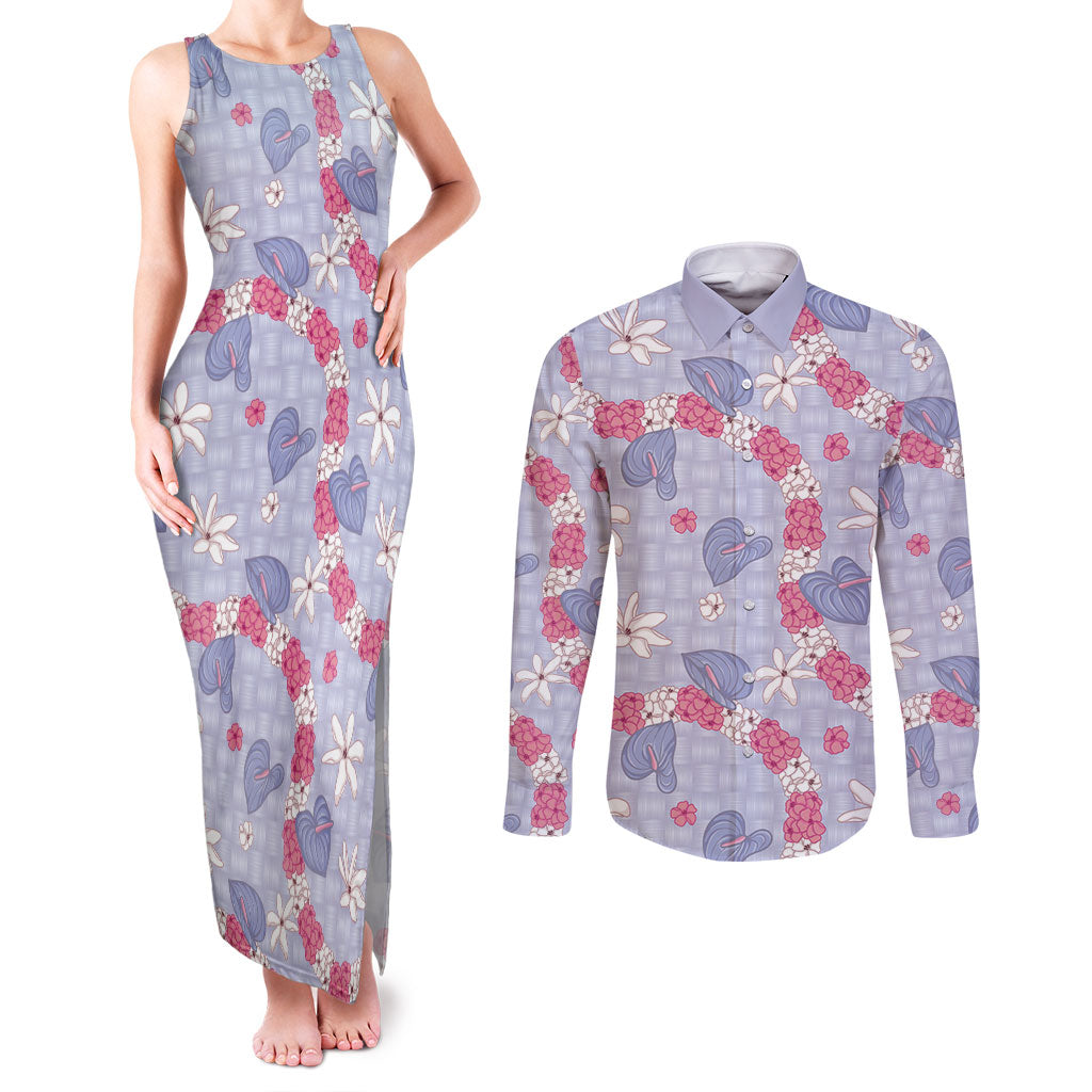 Hawaii Anthurium Tiare Pikake Lei Couples Matching Tank Maxi Dress and Long Sleeve Button Shirt Poni Lauhala Art Pattern LT01 Purple - Polynesian Pride