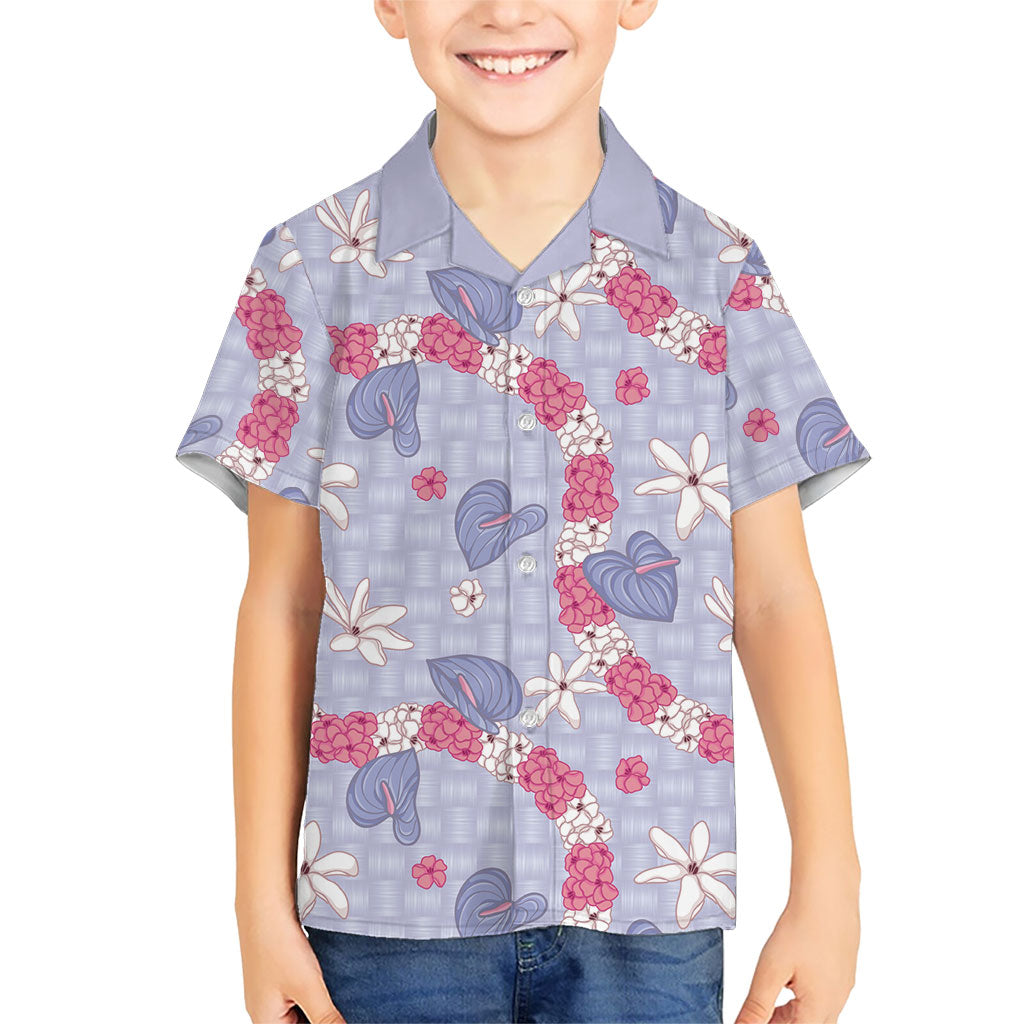 Hawaii Anthurium Tiare Pikake Lei Family Matching Off The Shoulder Long Sleeve Dress and Hawaiian Shirt Poni Lauhala Art Pattern LT01 Son's Shirt Purple - Polynesian Pride