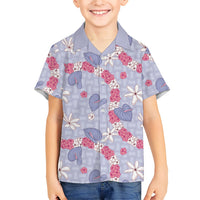 Hawaii Anthurium Tiare Pikake Lei Family Matching Off The Shoulder Long Sleeve Dress and Hawaiian Shirt Poni Lauhala Art Pattern LT01 Son's Shirt Purple - Polynesian Pride