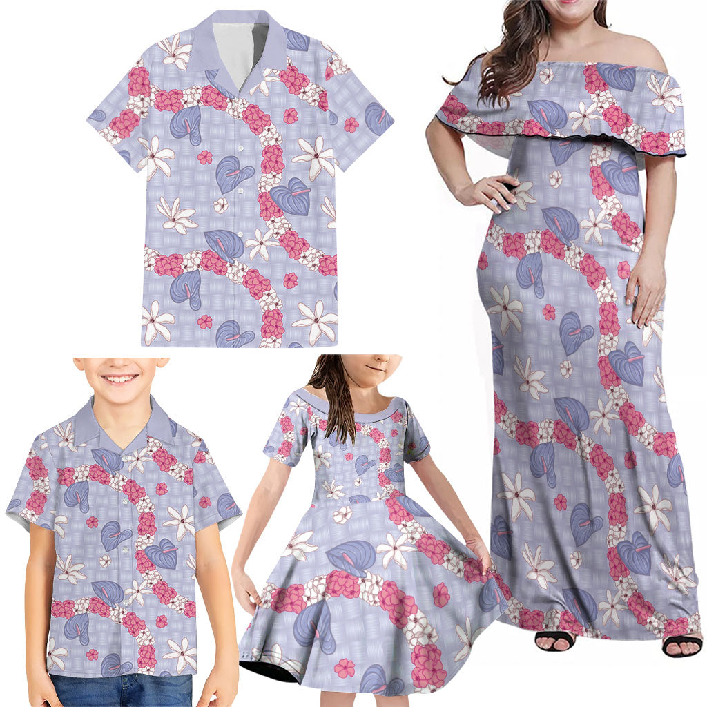 Hawaii Anthurium Tiare Pikake Lei Family Matching Off Shoulder Maxi Dress and Hawaiian Shirt Poni Lauhala Art Pattern LT01 - Polynesian Pride