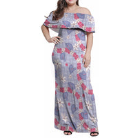 Hawaii Anthurium Tiare Pikake Lei Family Matching Off Shoulder Maxi Dress and Hawaiian Shirt Poni Lauhala Art Pattern LT01 Mom's Dress Purple - Polynesian Pride