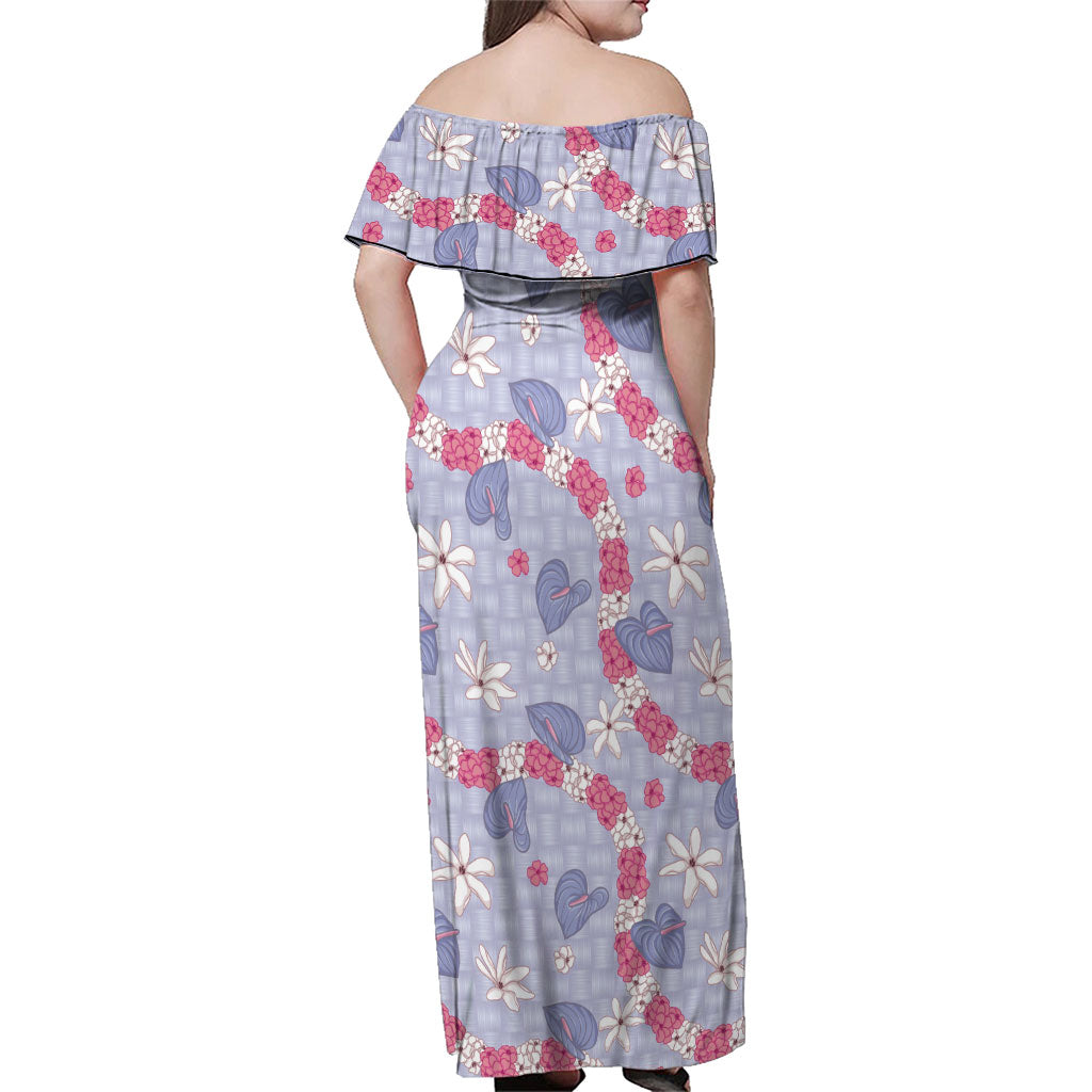 Hawaii Anthurium Tiare Pikake Lei Family Matching Off Shoulder Maxi Dress and Hawaiian Shirt Poni Lauhala Art Pattern LT01 - Polynesian Pride