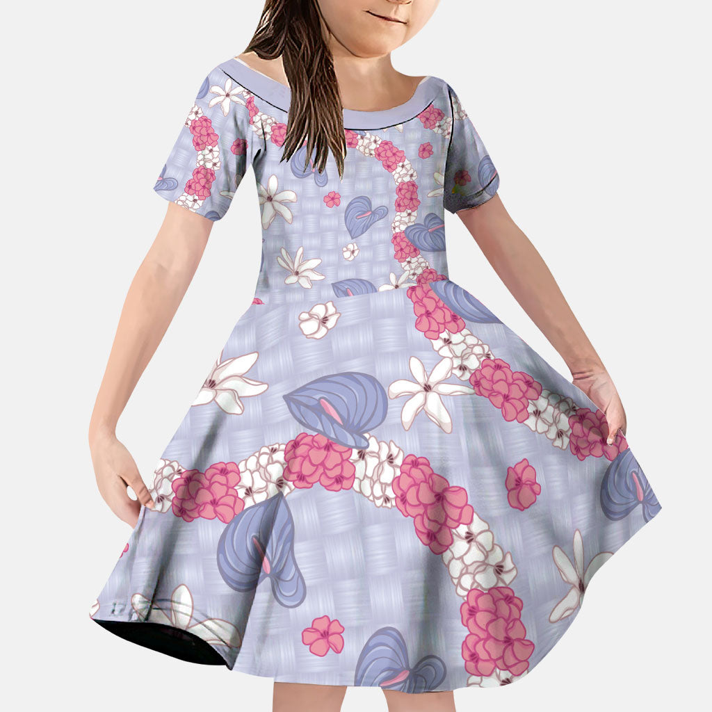 Hawaii Anthurium Tiare Pikake Lei Family Matching Puletasi and Hawaiian Shirt Poni Lauhala Art Pattern LT01 Daughter's Dress Purple - Polynesian Pride