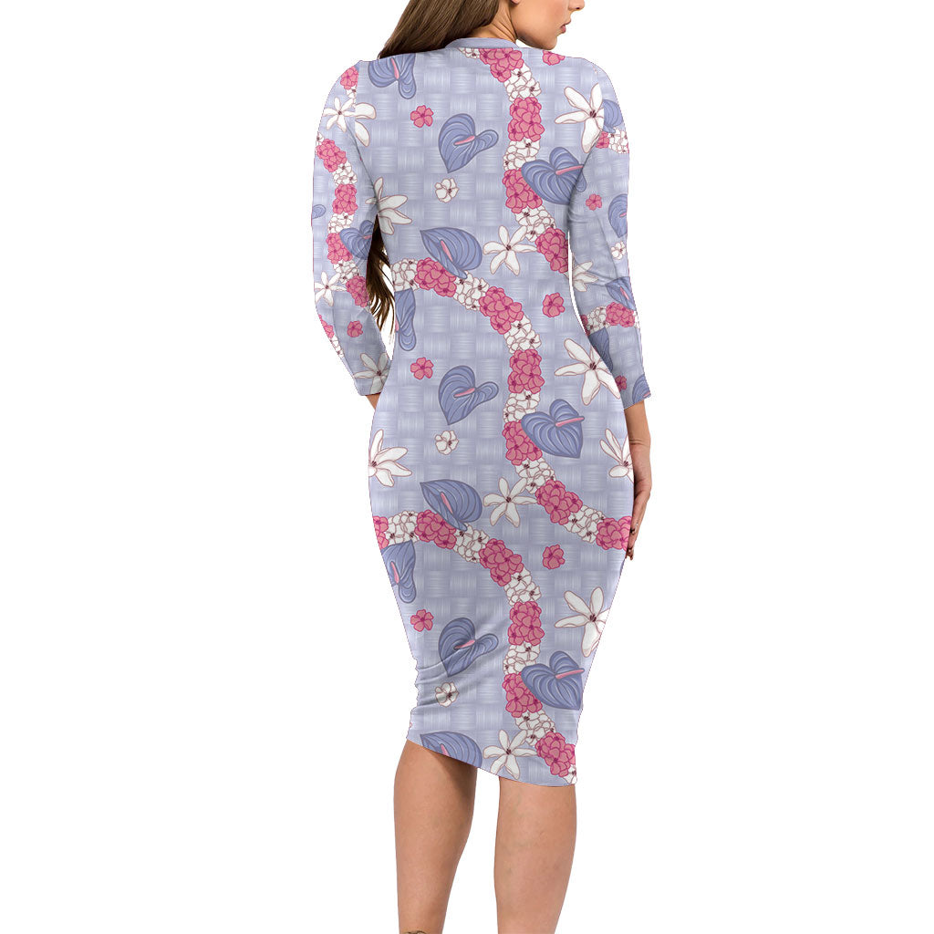 Hawaii Anthurium Tiare Pikake Lei Long Sleeve Bodycon Dress Poni Lauhala Art Pattern
