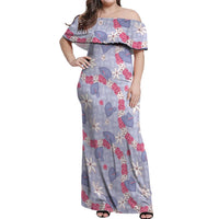 Hawaii Anthurium Tiare Pikake Lei Off Shoulder Maxi Dress Poni Lauhala Art Pattern