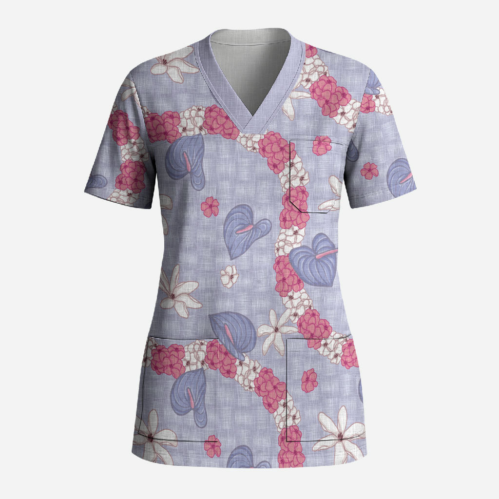 Hawaii Anthurium Tiare Pikake Lei Scrub Top Poni Lauhala Art Pattern