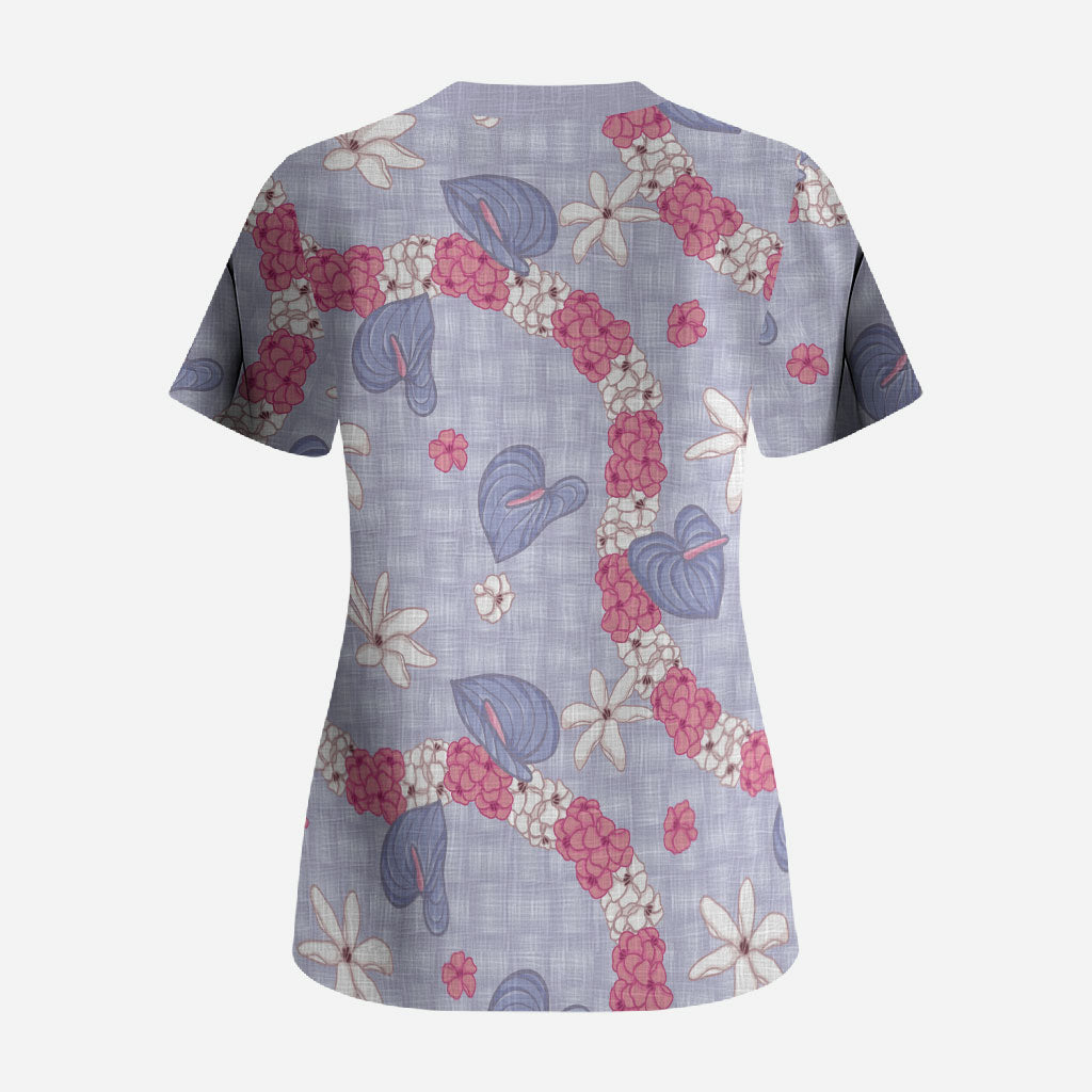 Hawaii Anthurium Tiare Pikake Lei Scrub Top Poni Lauhala Art Pattern