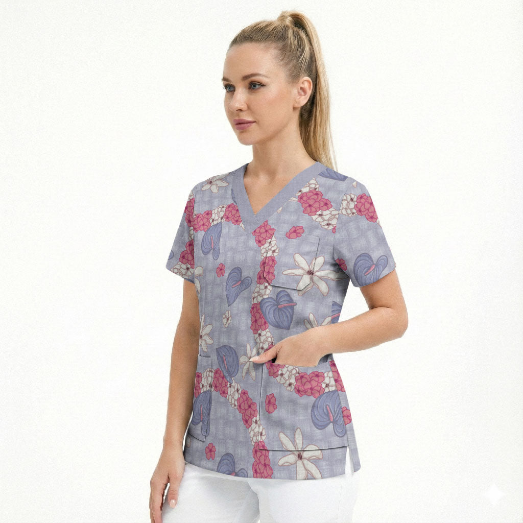 Hawaii Anthurium Tiare Pikake Lei Scrub Top Poni Lauhala Art Pattern