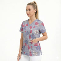 Hawaii Anthurium Tiare Pikake Lei Scrub Top Poni Lauhala Art Pattern