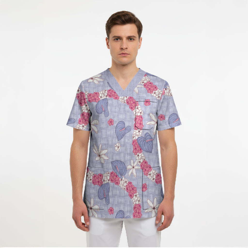Hawaii Anthurium Tiare Pikake Lei Scrub Top Poni Lauhala Art Pattern