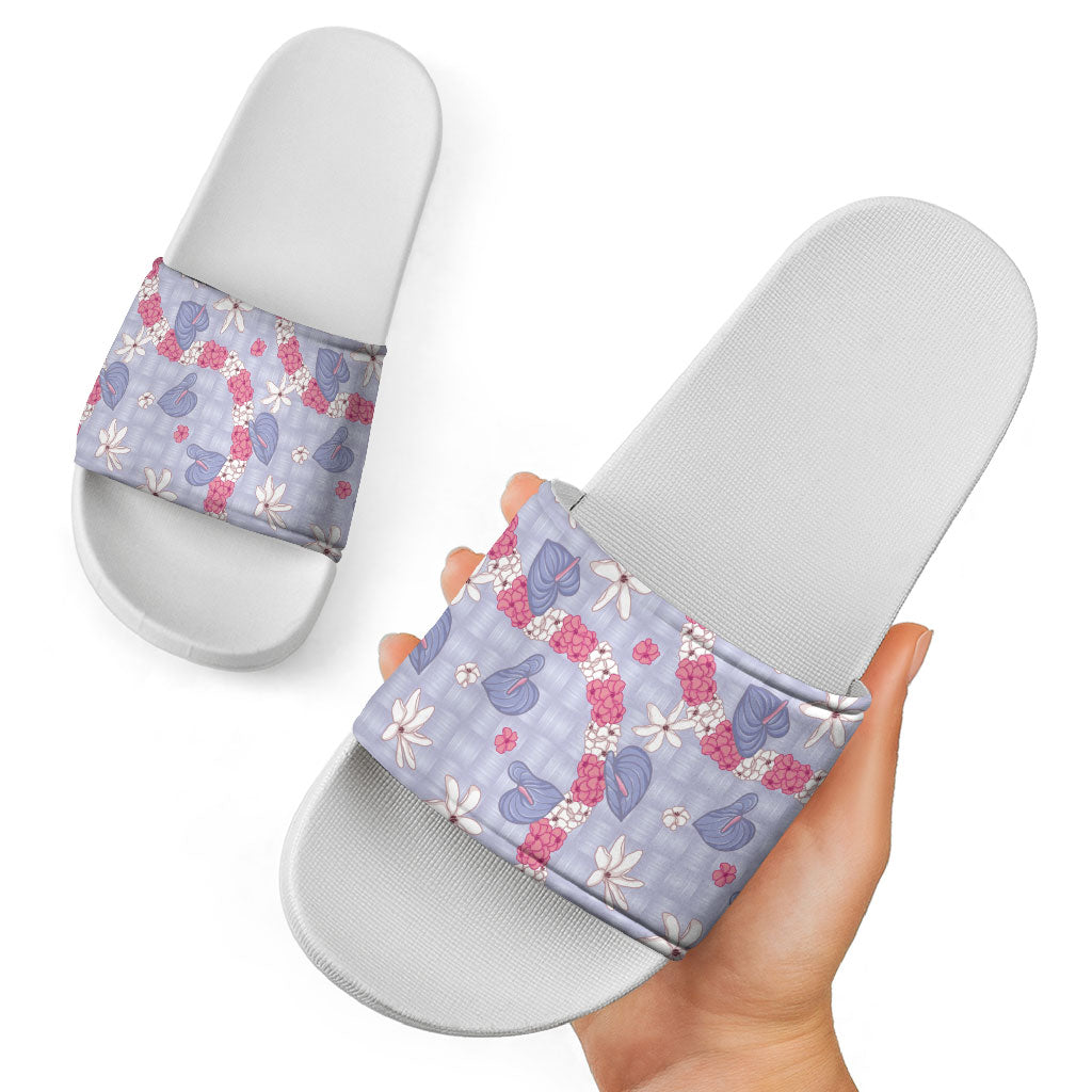Hawaii Anthurium Tiare Pikake Lei Slide Sandals Poni Lauhala Art Pattern