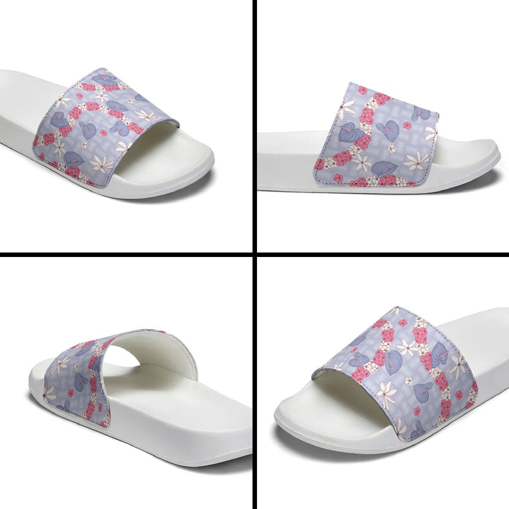 Hawaii Anthurium Tiare Pikake Lei Slide Sandals Poni Lauhala Art Pattern
