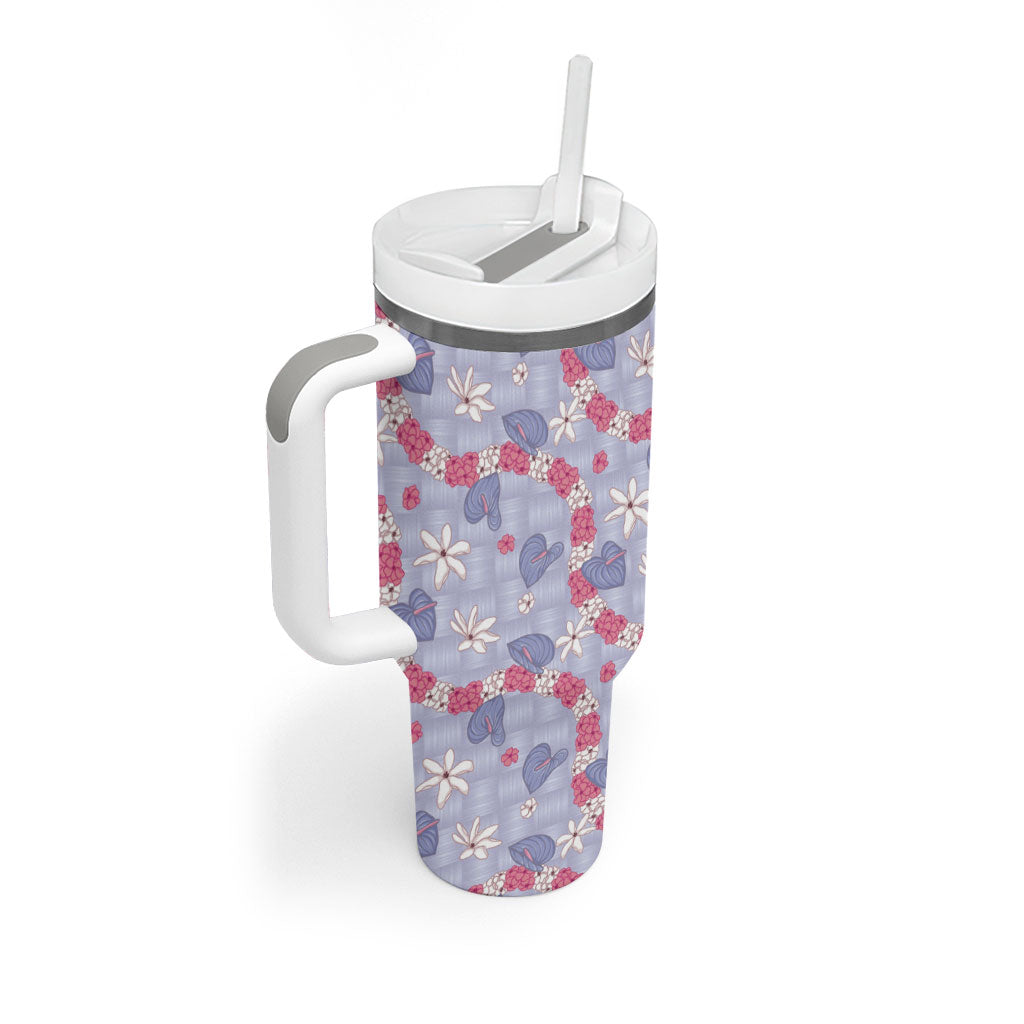 Hawaii Anthurium Tiare Pikake Lei Tumbler With Handle Poni Lauhala Art Pattern