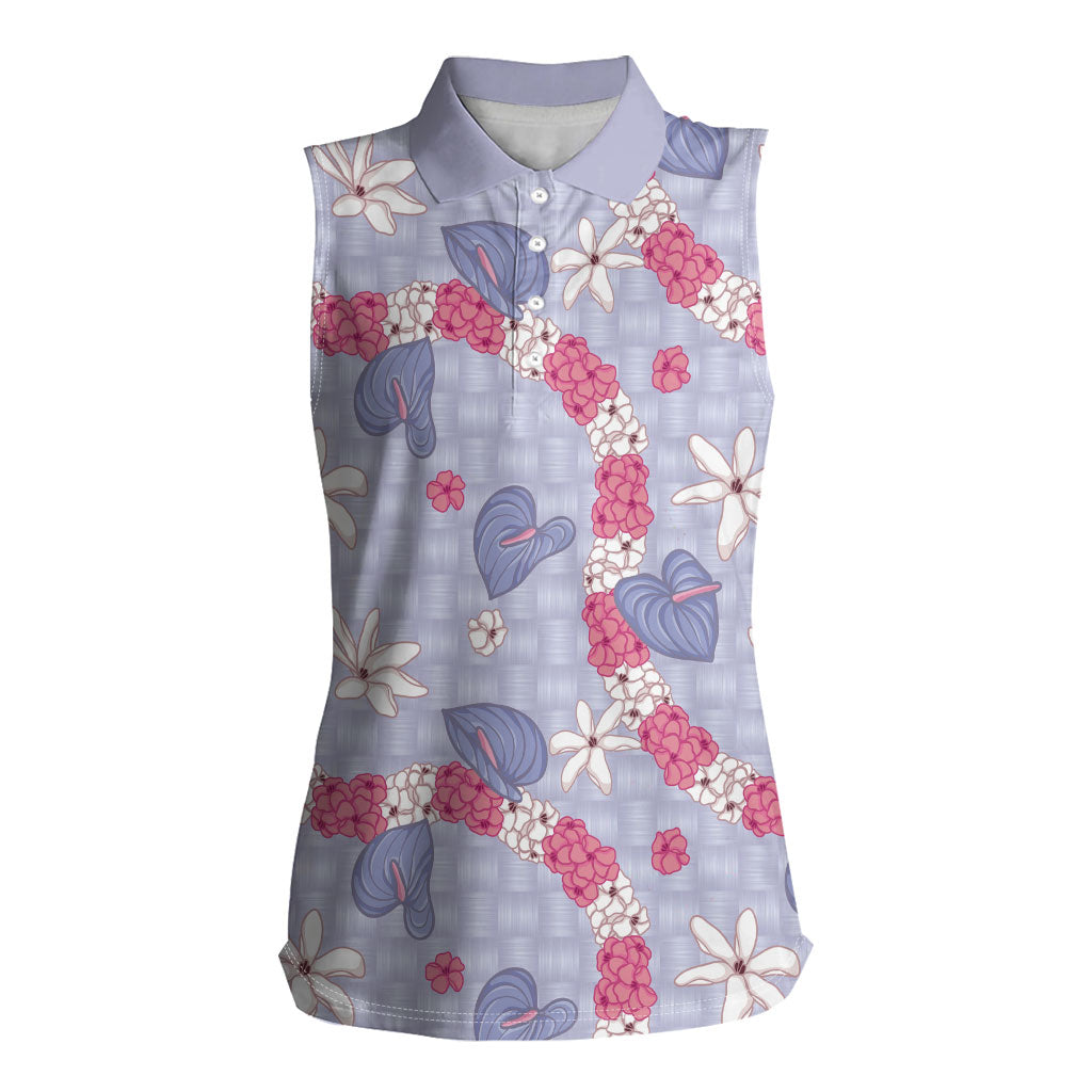 Hawaii Anthurium Tiare Pikake Lei Women Sleeveless Polo Shirt Poni Lauhala Art Pattern