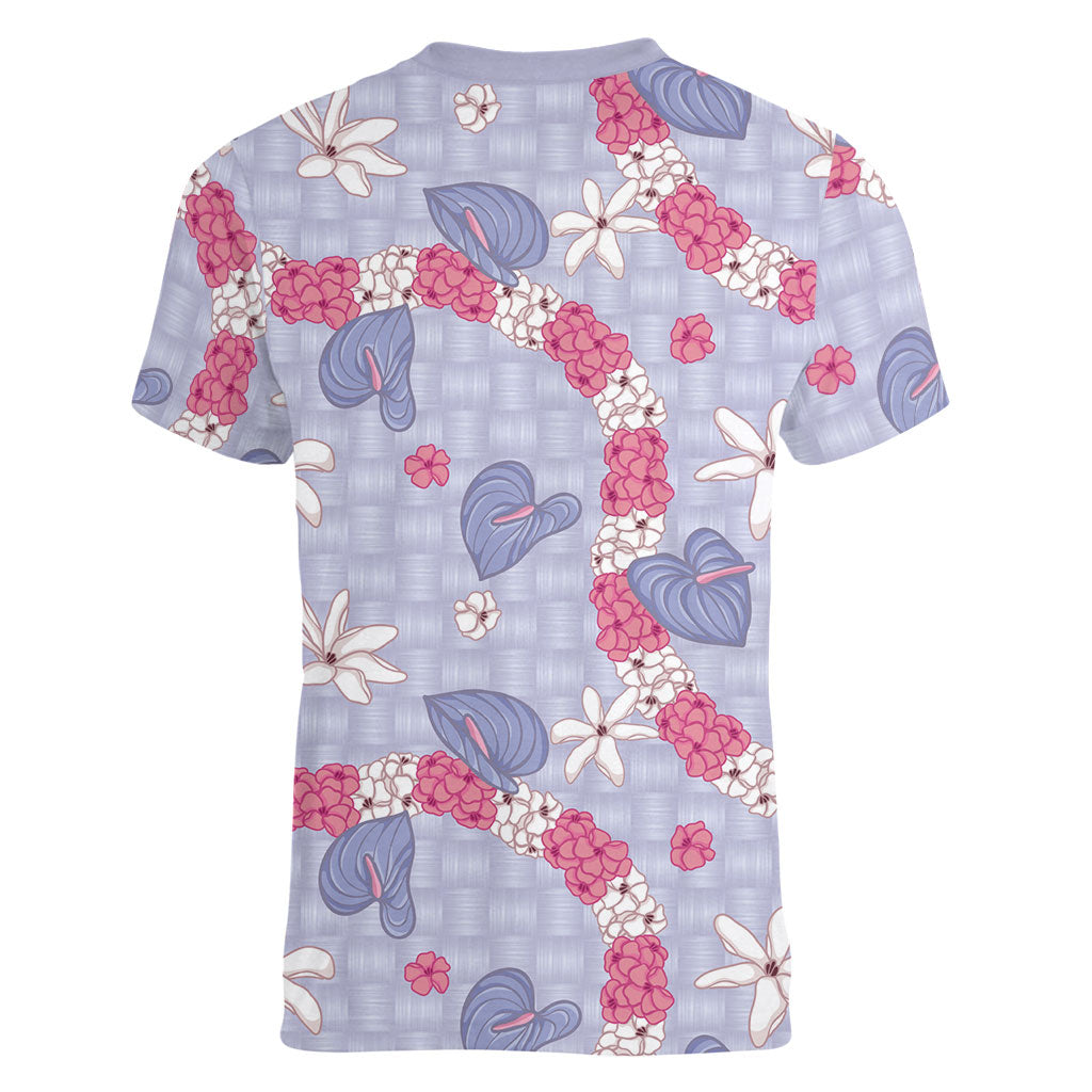 Hawaii Anthurium Tiare Pikake Lei Women V-Neck T-Shirt Poni Lauhala Art Pattern