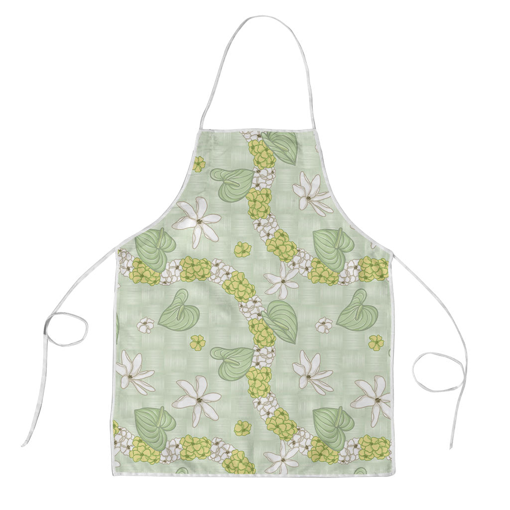 Hawaii Anthurium Tiare Pikake Lei Apron Sage Green Lauhala Art Pattern