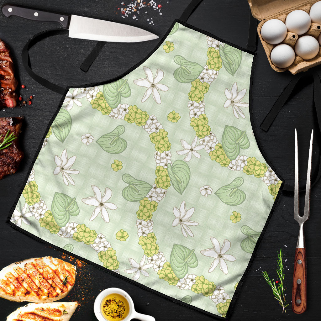 Hawaii Anthurium Tiare Pikake Lei Apron Sage Green Lauhala Art Pattern
