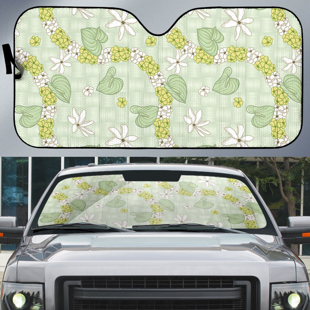 Hawaii Anthurium Tiare Pikake Lei Auto Sun Shade Sage Green Lauhala Art Pattern