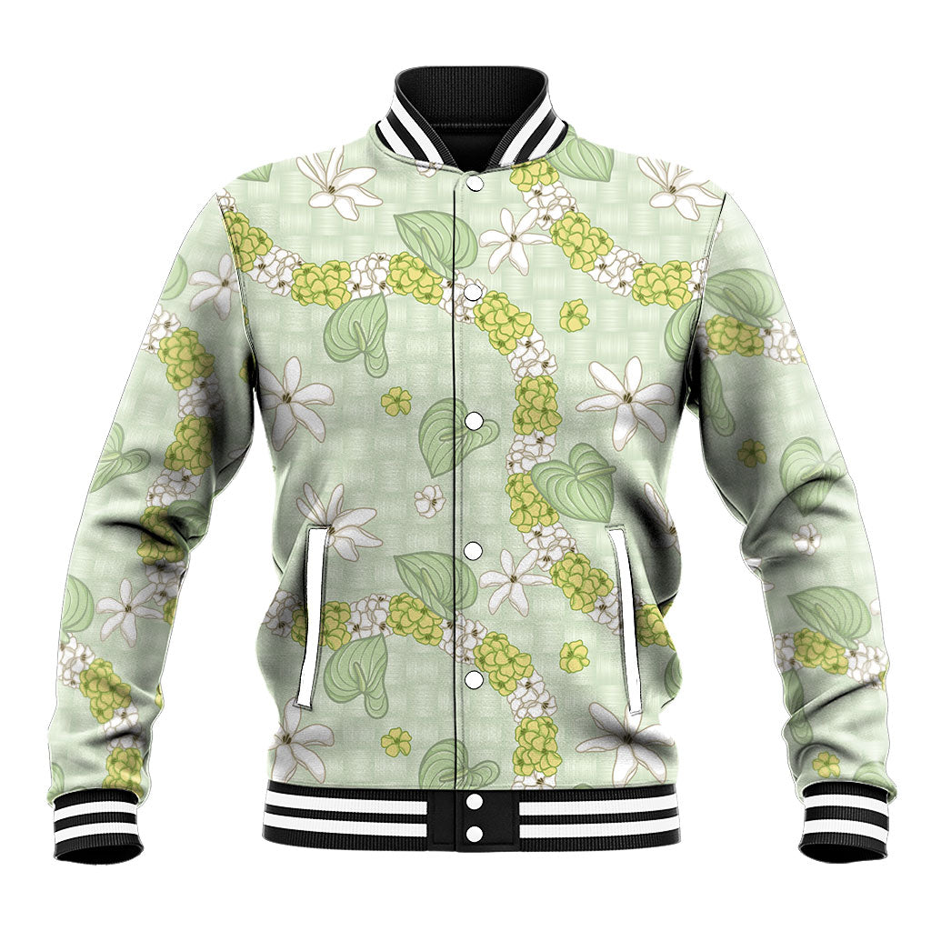 Hawaii Anthurium Tiare Pikake Lei Baseball Jacket Sage Green Lauhala Art Pattern
