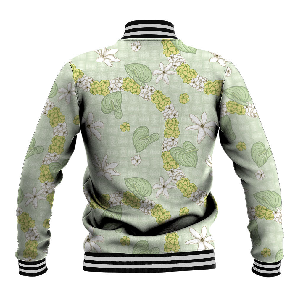 Hawaii Anthurium Tiare Pikake Lei Baseball Jacket Sage Green Lauhala Art Pattern
