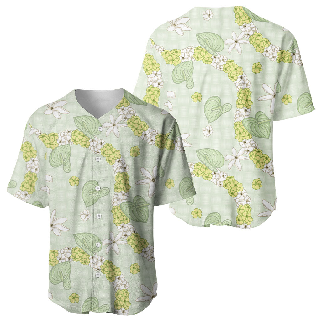 Hawaii Anthurium Tiare Pikake Lei Baseball Jersey Sage Green Lauhala Art Pattern