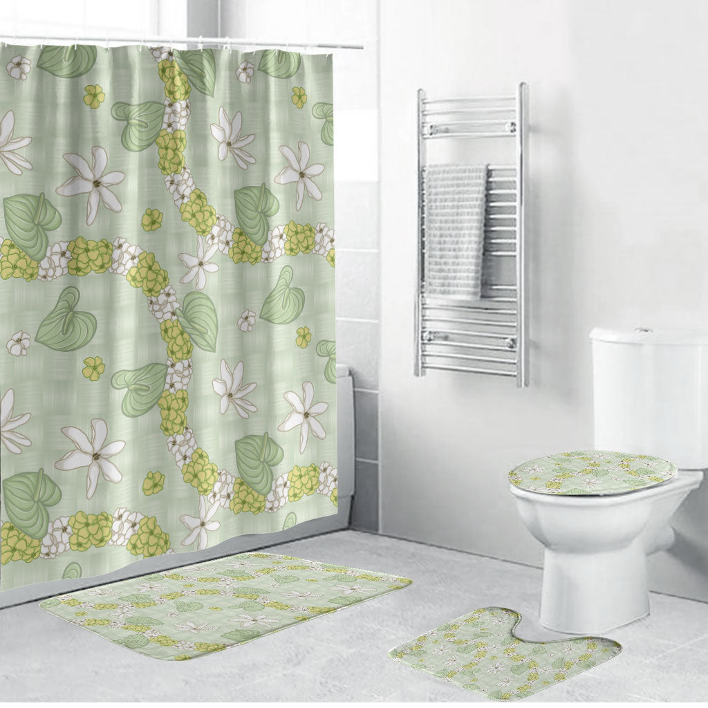 Hawaii Anthurium Tiare Pikake Lei Bathroom Set Sage Green Lauhala Art Pattern